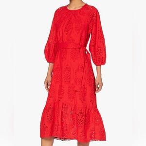 Cotton Embroidered Eyelet Belted Balloon Sleeve Tiered Midi Dress